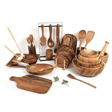 Premium Acacia Wood Kitchen Utensil Set – Natural Wooden Cooking Tools with Holder