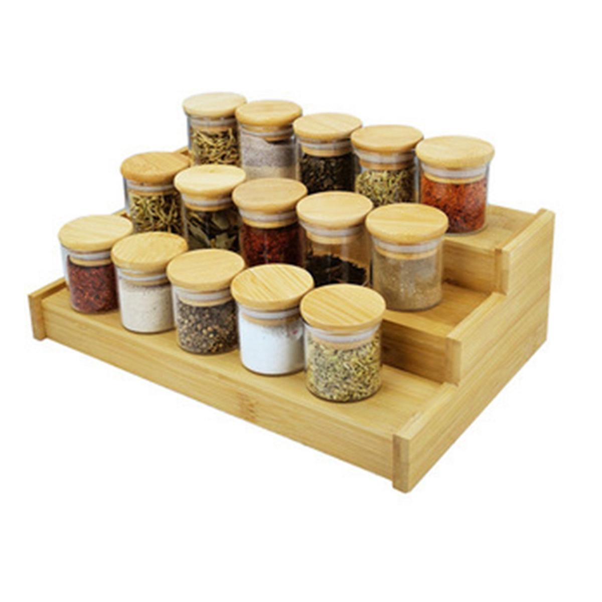 Bamboo 3-Tier Spice Rack Organizer – Natural Wood Step Shelf for Kitchen Counter, Cabinet & Pantry | Multi-Level Seasoning Organizer for Spice Jars, Herbs, Condiments