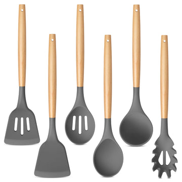 6-Piece Silicone & Wood Kitchen Utensil Set – Heat-Resistant Non-Scratch Cooking Tools