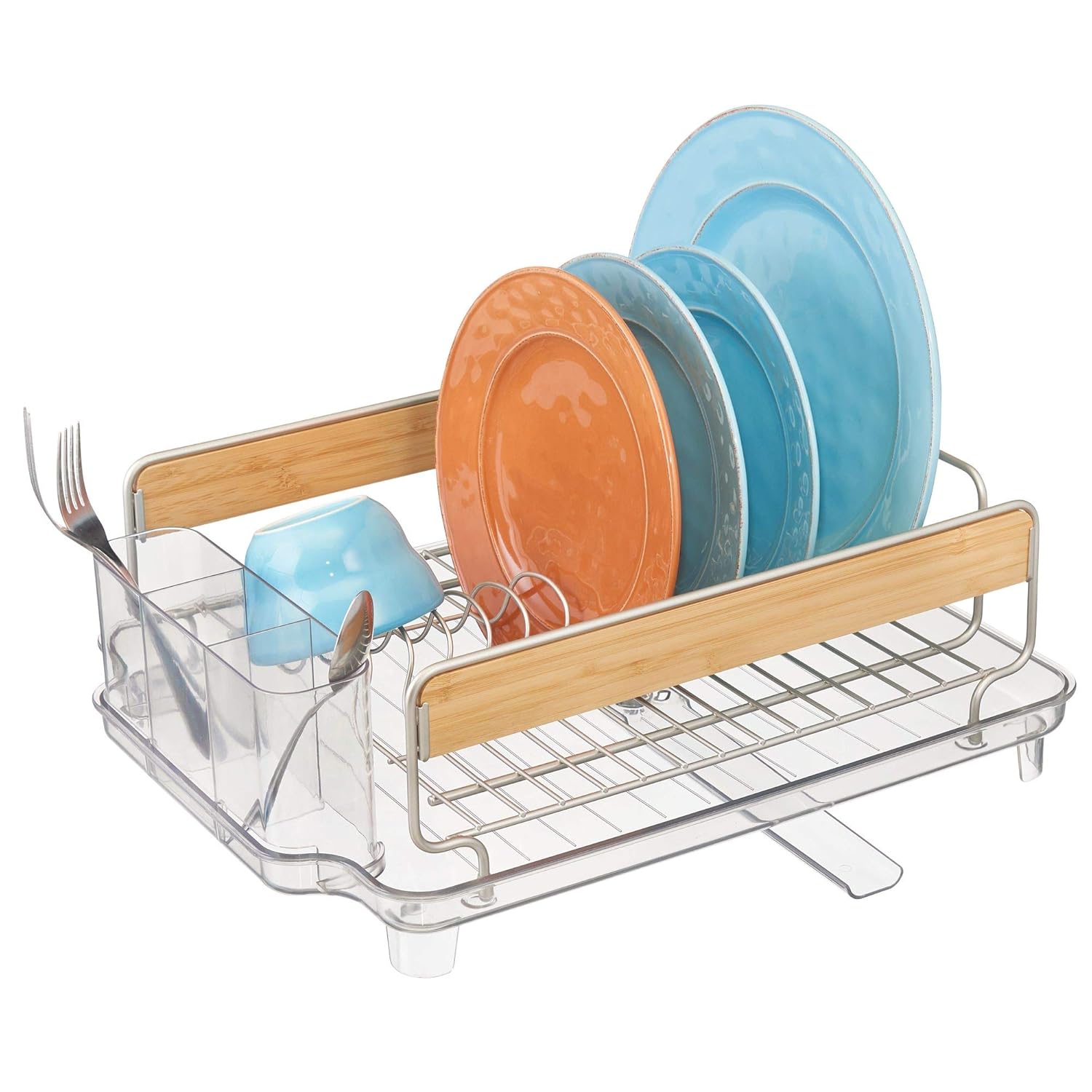 Bamboo & Stainless Steel Dish Drying Rack with Drip Tray and Utensil Holder