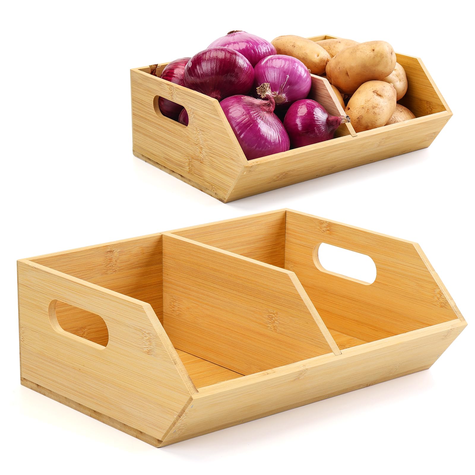 Bamboo Dual-Compartment Kitchen Storage Bin – Produce & Pantry Organizer
