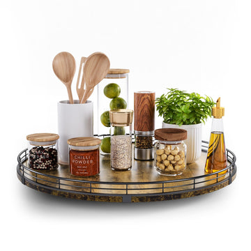 Rustic Wood Lazy Susan Turntable with Metal Rim – 13-Inch 360° Rotating Organizer for Kitchen, Countertops, Dining Table & Pantry | Decorative Farmhouse Serving Tray for Spices, Condiments & Coffee Bar
