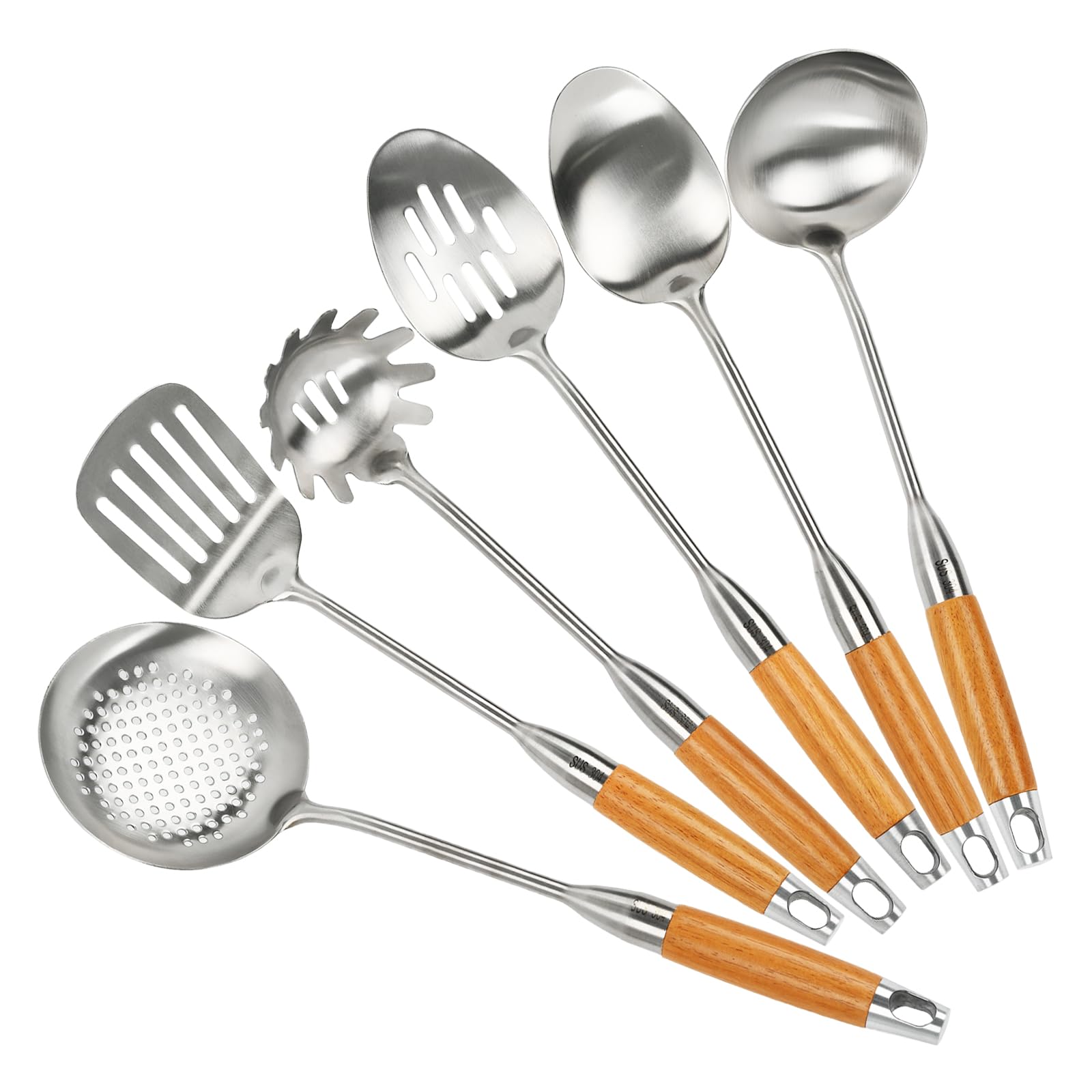 6-Piece Stainless Steel Kitchen Utensil Set with Wooden Handles – Durable Cooking Tools