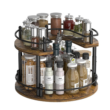 2-Tier Rotating Spice Rack Organizer – Rustic Wood & Metal 360° Lazy Susan for Kitchen Counter, Pantry & Cabinet | Large Capacity Seasoning Organizer for Spices, Oils, Sauces & Condiments