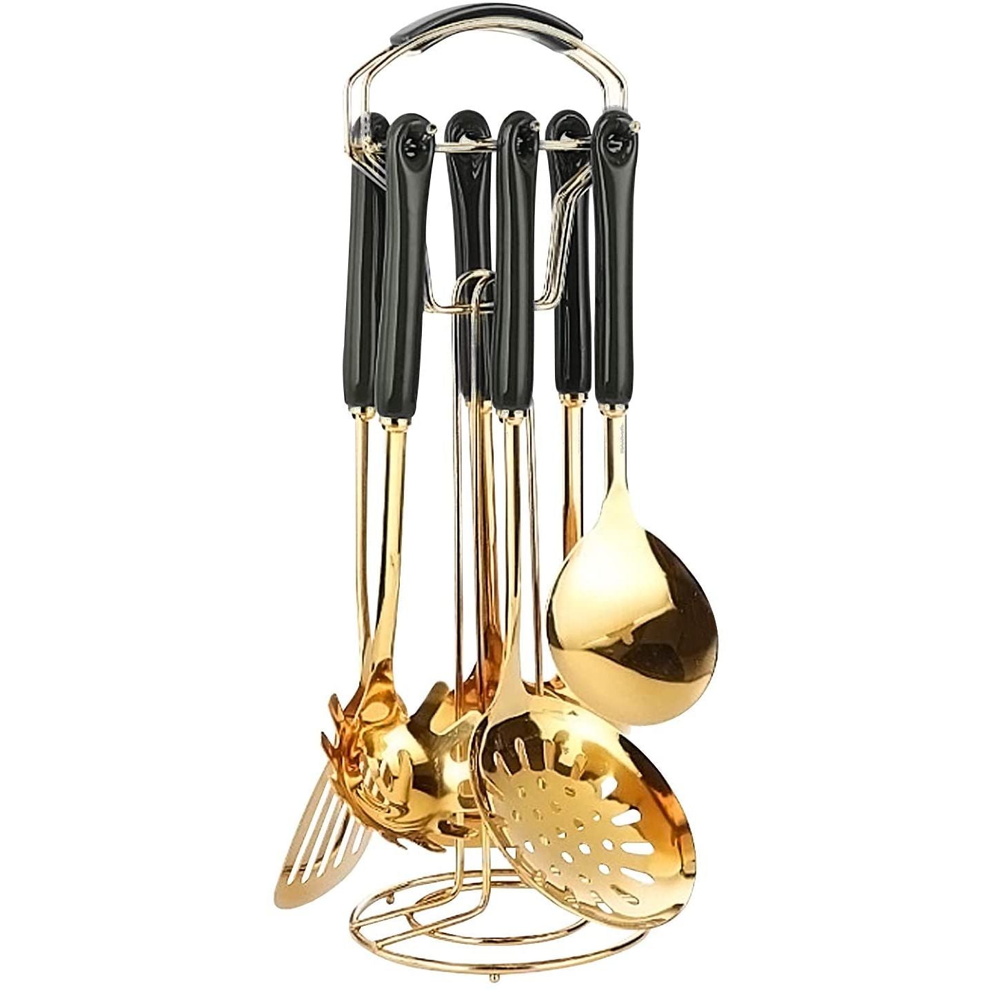 7-Piece Gold Stainless Steel Kitchen Utensil Set with Stand – Elegant Non-Slip Handle Cooking Tools