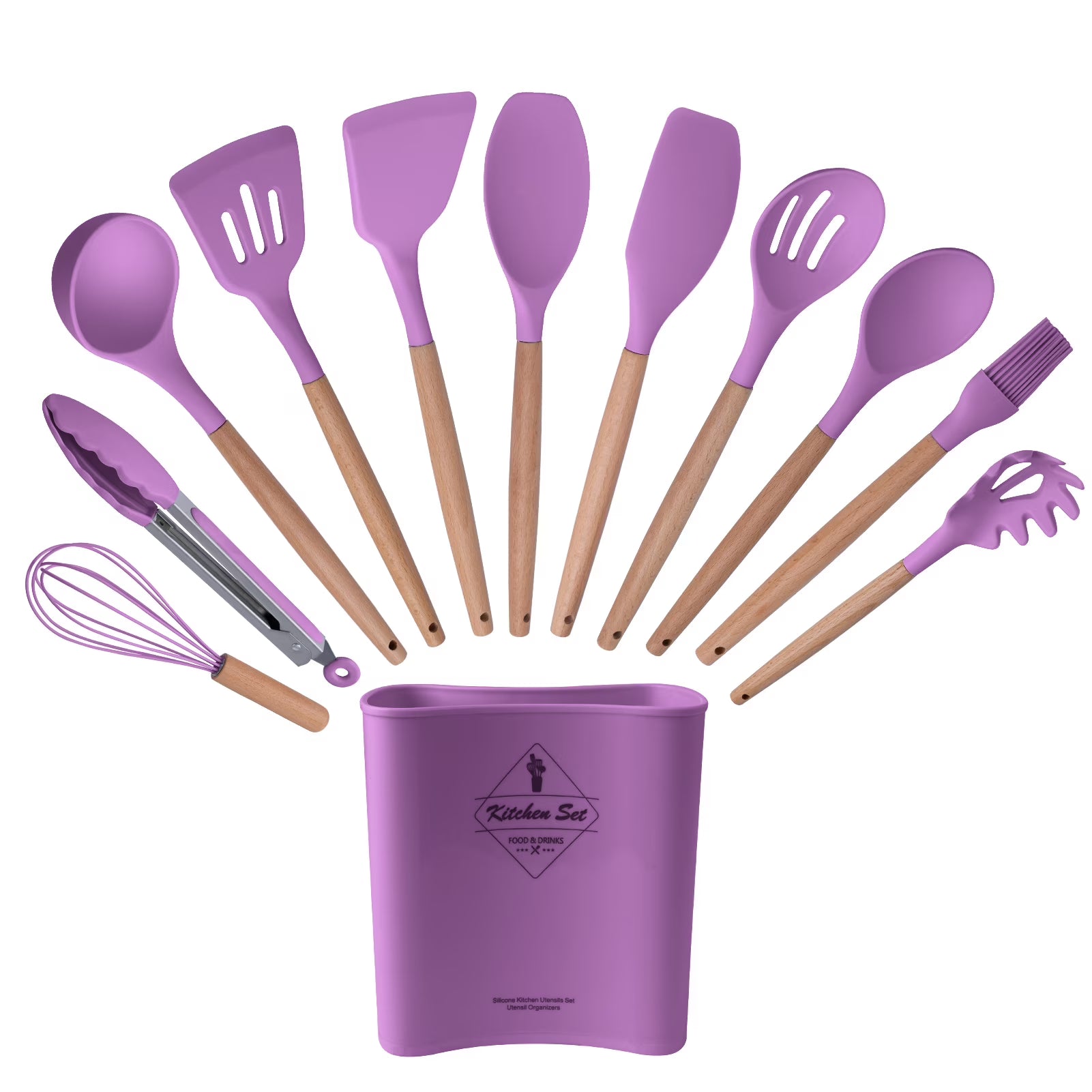 12-Piece Silicone Kitchen Utensil Set with Holder – Heat-Resistant, Non-Scratch Cooking Tools (Purple)