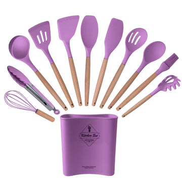 12-Piece Silicone Kitchen Utensil Set with Holder – Heat-Resistant, Non-Scratch Cooking Tools (Purple)