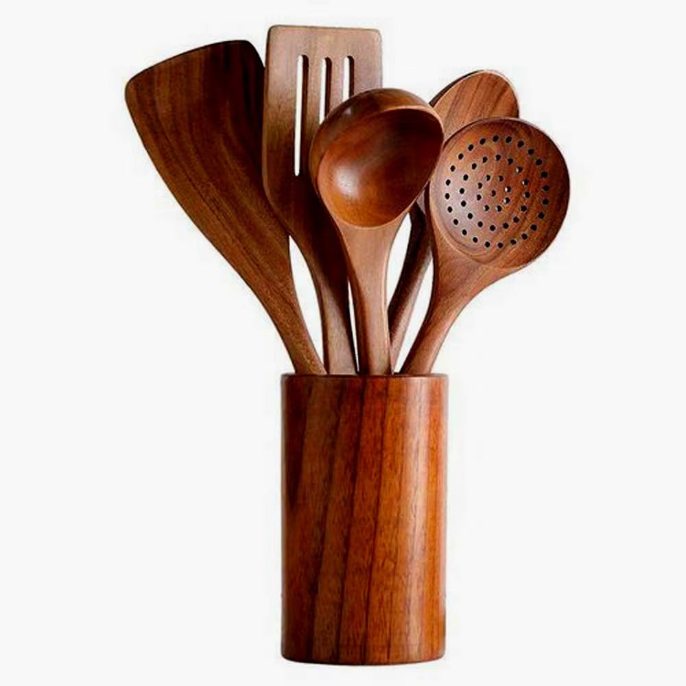 Premium Acacia Wood Spoon & Flat Server Set – Long-Handle Wooden Cooking and Serving Utensils