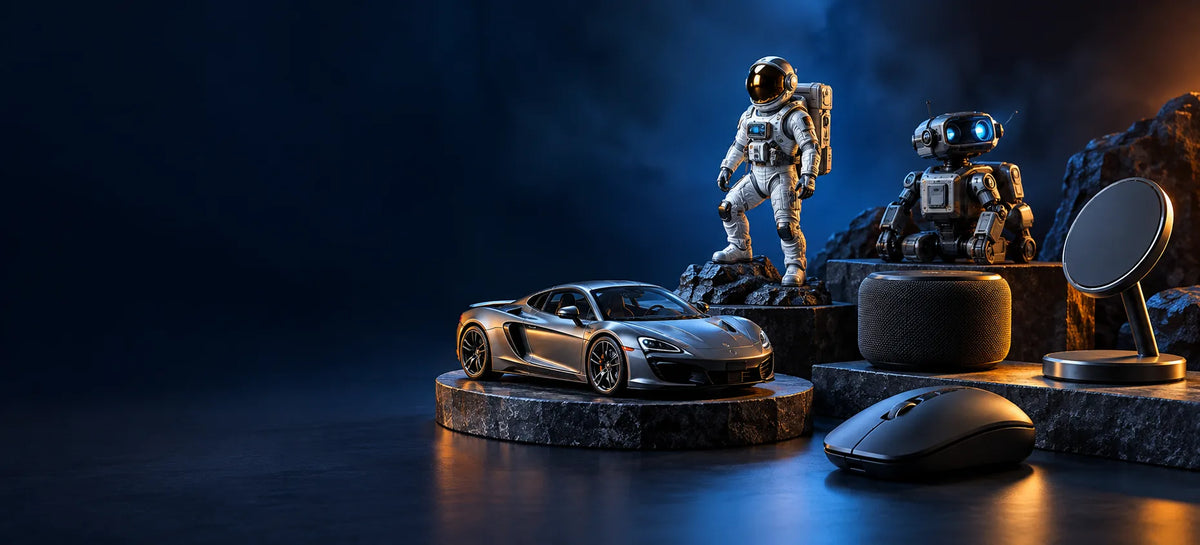 Illustrated display of collectible figures, a model sports car, speaker, wireless mouse and charging stand1659522562509a09c0-0